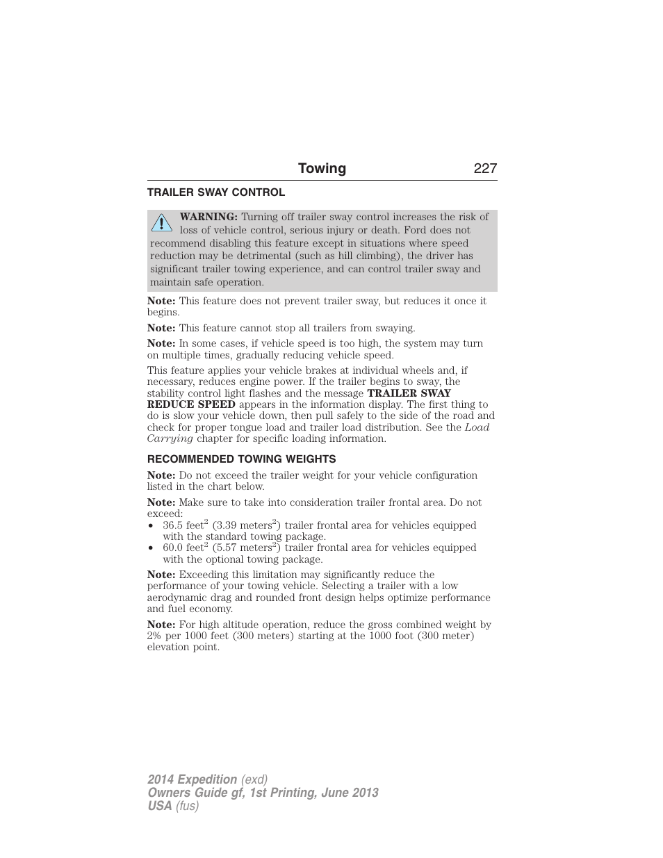 Trailer sway control, Recommended towing weights, Towing 227 | FORD 2014 Expedition v.1 User Manual | Page 228 / 519