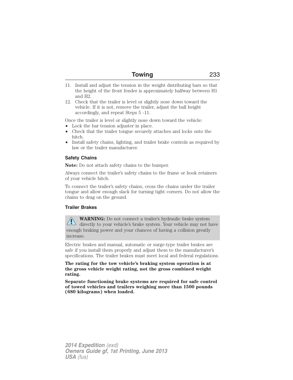 Safety chains, Trailer brakes, Towing 233 | FORD 2014 Expedition v.1 User Manual | Page 234 / 519