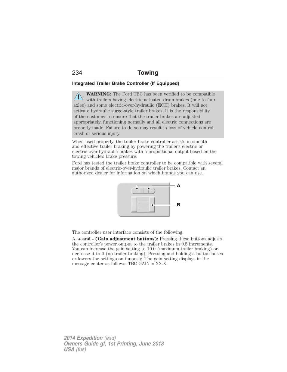 Integrated trailer brake controller (if equipped), Trailer brake controller-integrated, 234 towing | FORD 2014 Expedition v.1 User Manual | Page 235 / 519