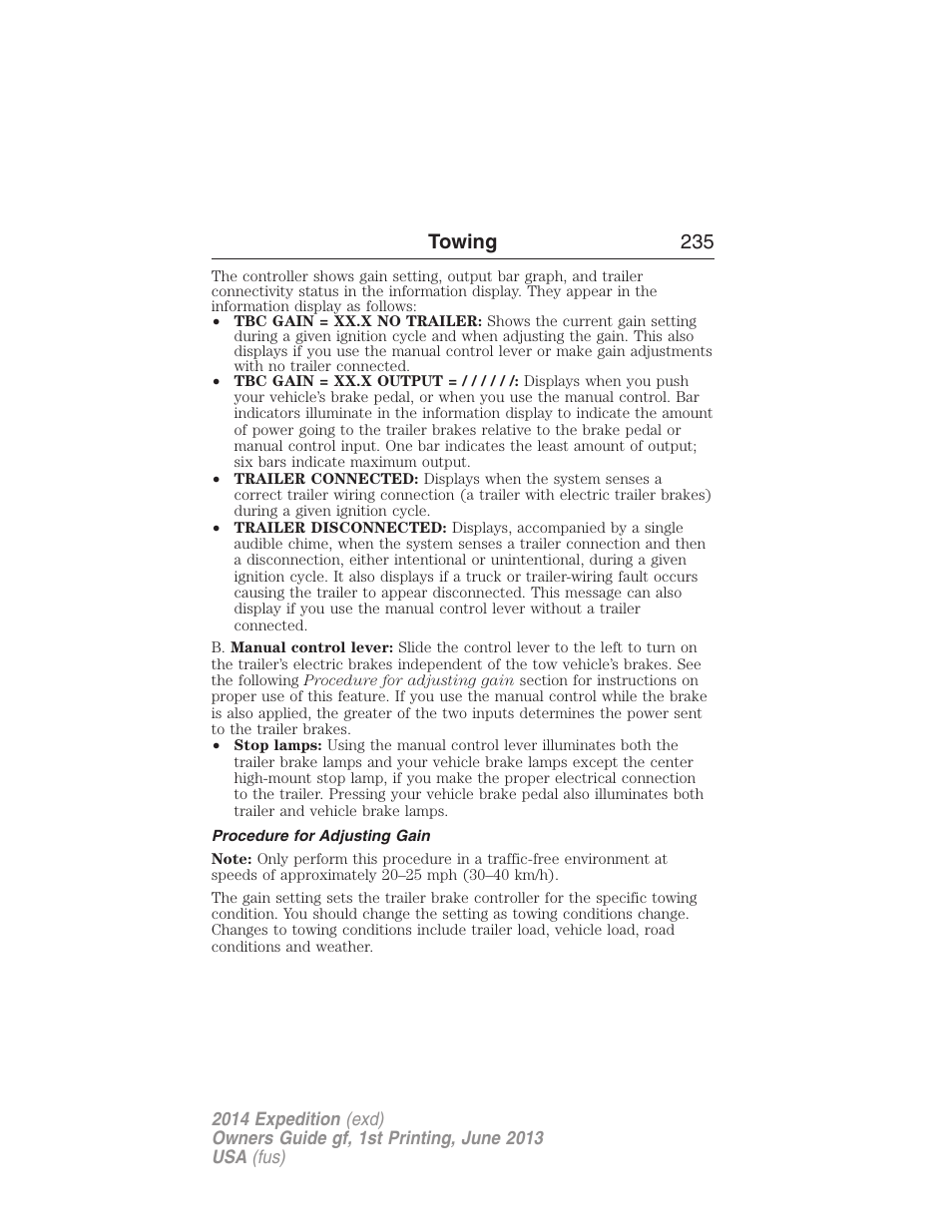 Procedure for adjusting gain, Towing 235 | FORD 2014 Expedition v.1 User Manual | Page 236 / 519