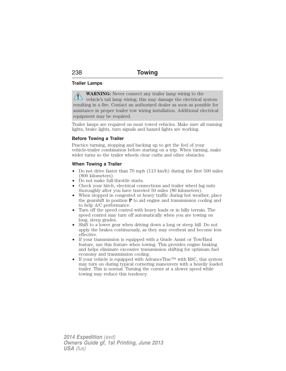 Trailer lamps, Before towing a trailer, When towing a trailer | 238 towing | FORD 2014 Expedition v.1 User Manual | Page 239 / 519