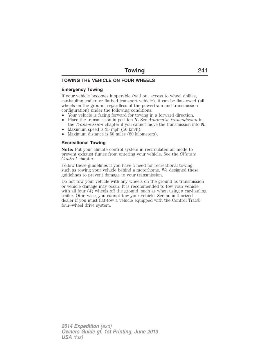 Towing the vehicle on four wheels, Emergency towing, Recreational towing | Towing 241 | FORD 2014 Expedition v.1 User Manual | Page 242 / 519