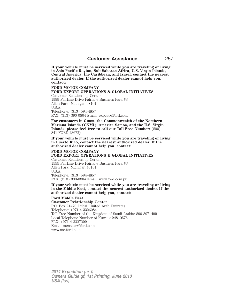 Customer assistance 257 | FORD 2014 Expedition v.1 User Manual | Page 258 / 519