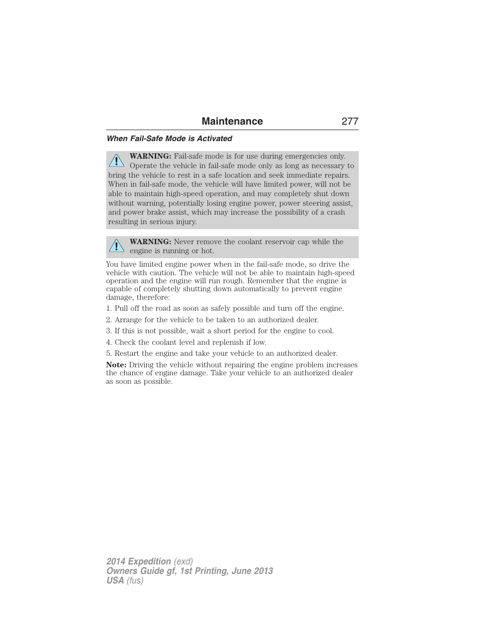 When fail-safe mode is activated, Maintenance 277 | FORD 2014 Expedition v.1 User Manual | Page 278 / 519