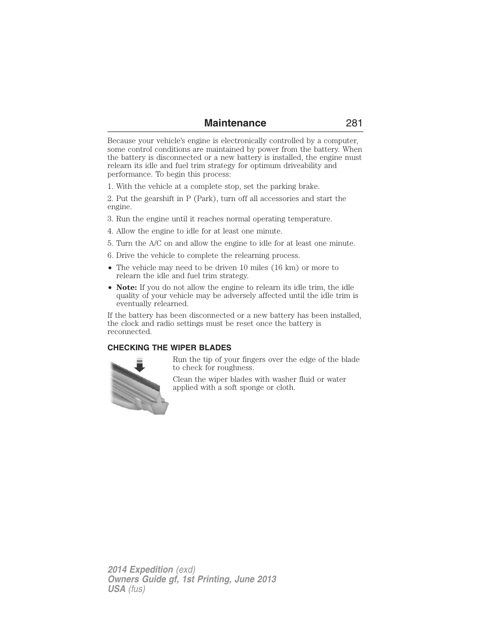 Checking the wiper blades, Maintenance 281 | FORD 2014 Expedition v.1 User Manual | Page 282 / 519