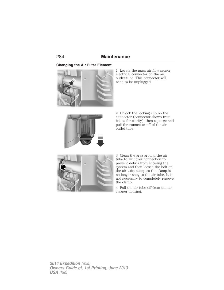 Changing the air filter element | FORD 2014 Expedition v.1 User Manual | Page 285 / 519