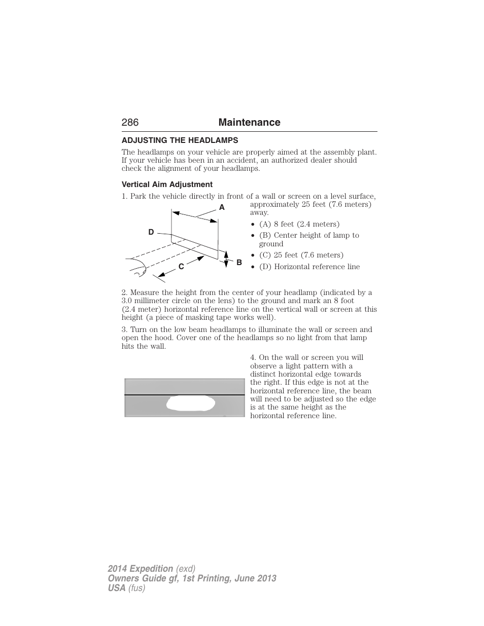 Adjusting the headlamps, Vertical aim adjustment, 286 maintenance | FORD 2014 Expedition v.1 User Manual | Page 287 / 519