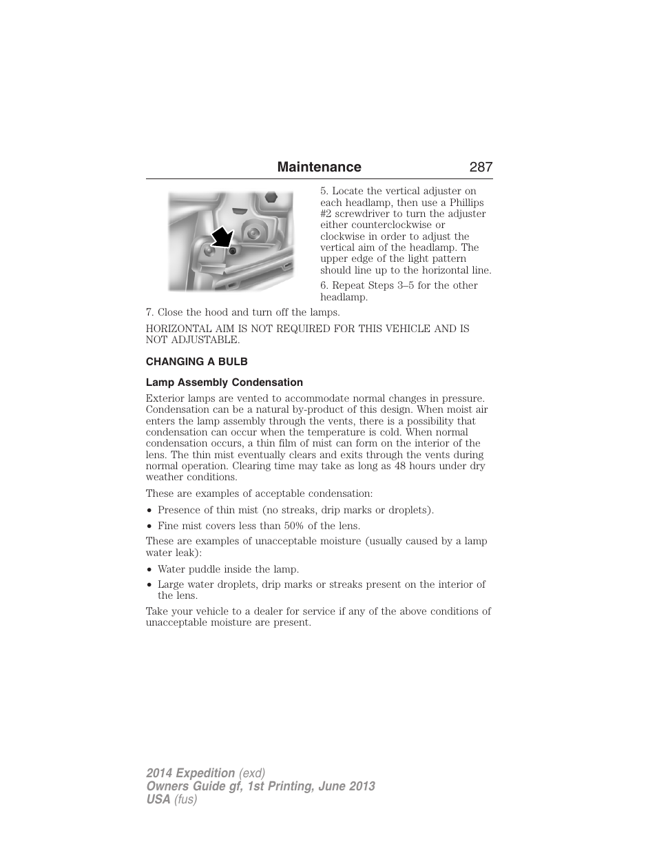 Changing a bulb, Lamp assembly condensation, Maintenance 287 | FORD 2014 Expedition v.1 User Manual | Page 288 / 519