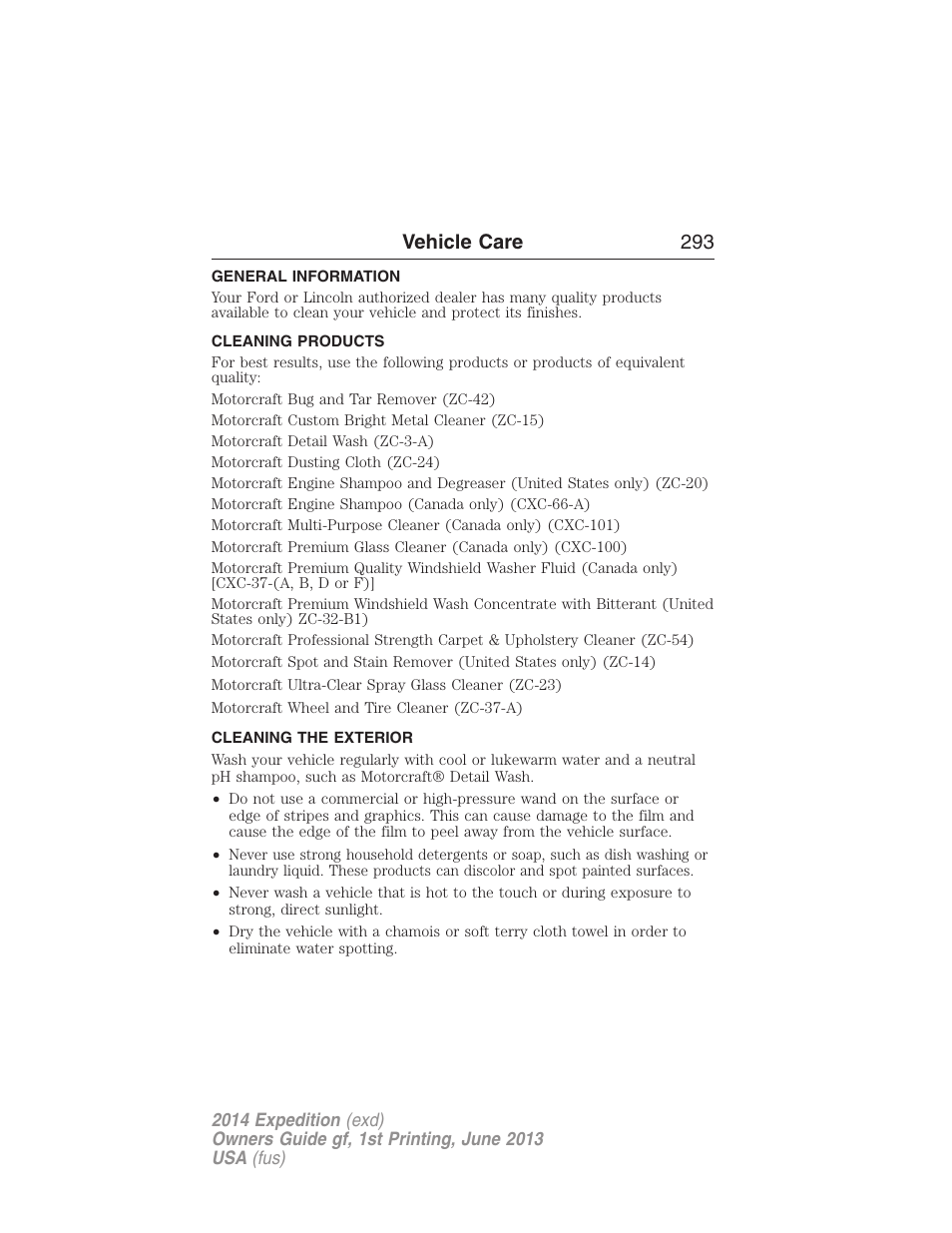 Vehicle care, General information, Cleaning products | Cleaning the exterior, Vehicle care 293 | FORD 2014 Expedition v.1 User Manual | Page 294 / 519