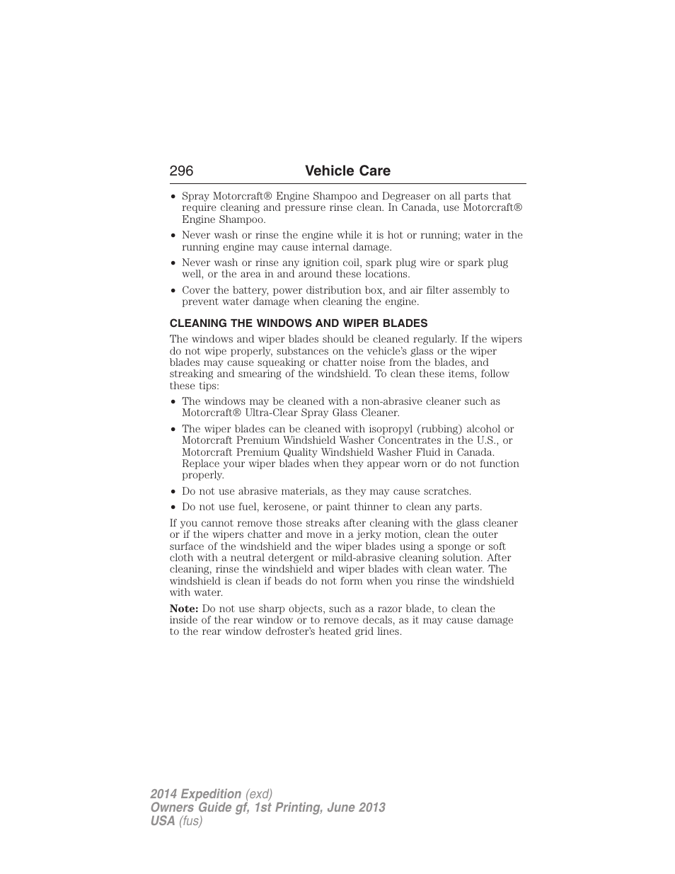 Cleaning the windows and wiper blades, 296 vehicle care | FORD 2014 Expedition v.1 User Manual | Page 297 / 519