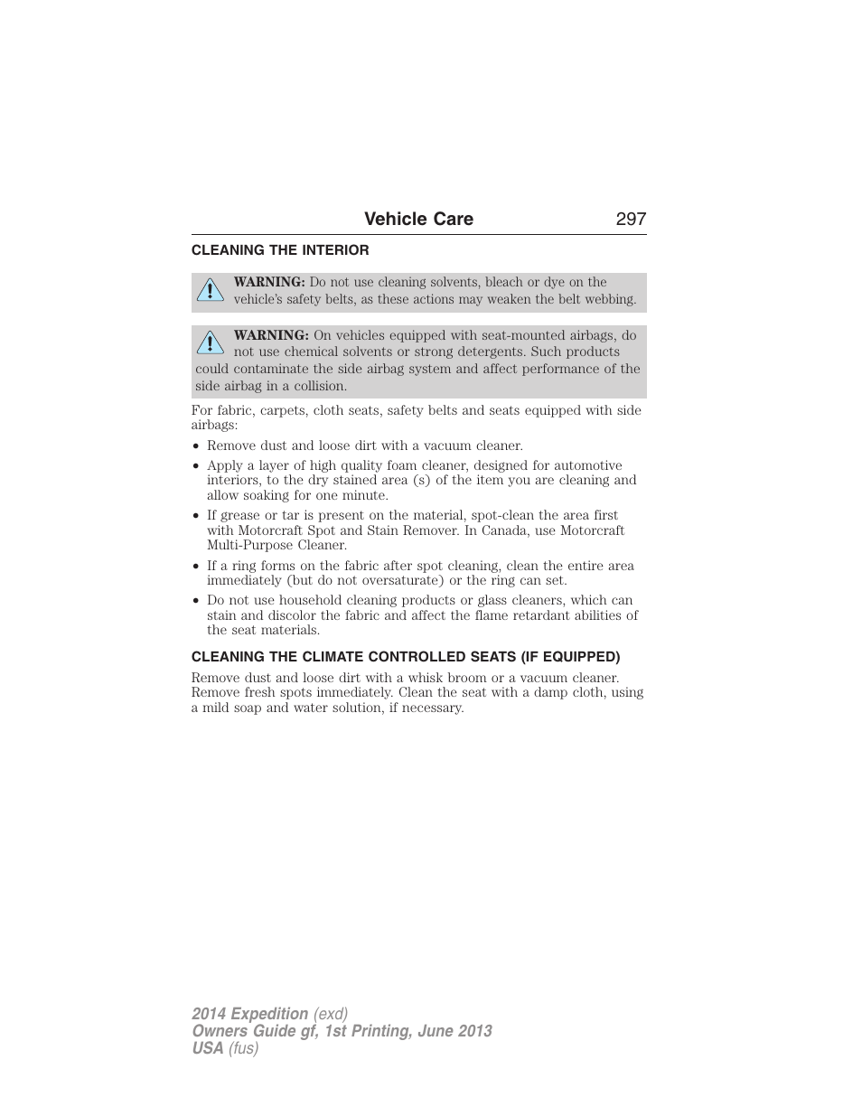 Cleaning the interior, Vehicle care 297 | FORD 2014 Expedition v.1 User Manual | Page 298 / 519