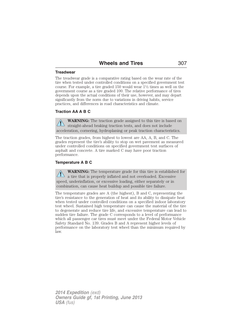 Treadwear, Traction aa a b c, Temperature a b c | Wheels and tires 307 | FORD 2014 Expedition v.1 User Manual | Page 308 / 519