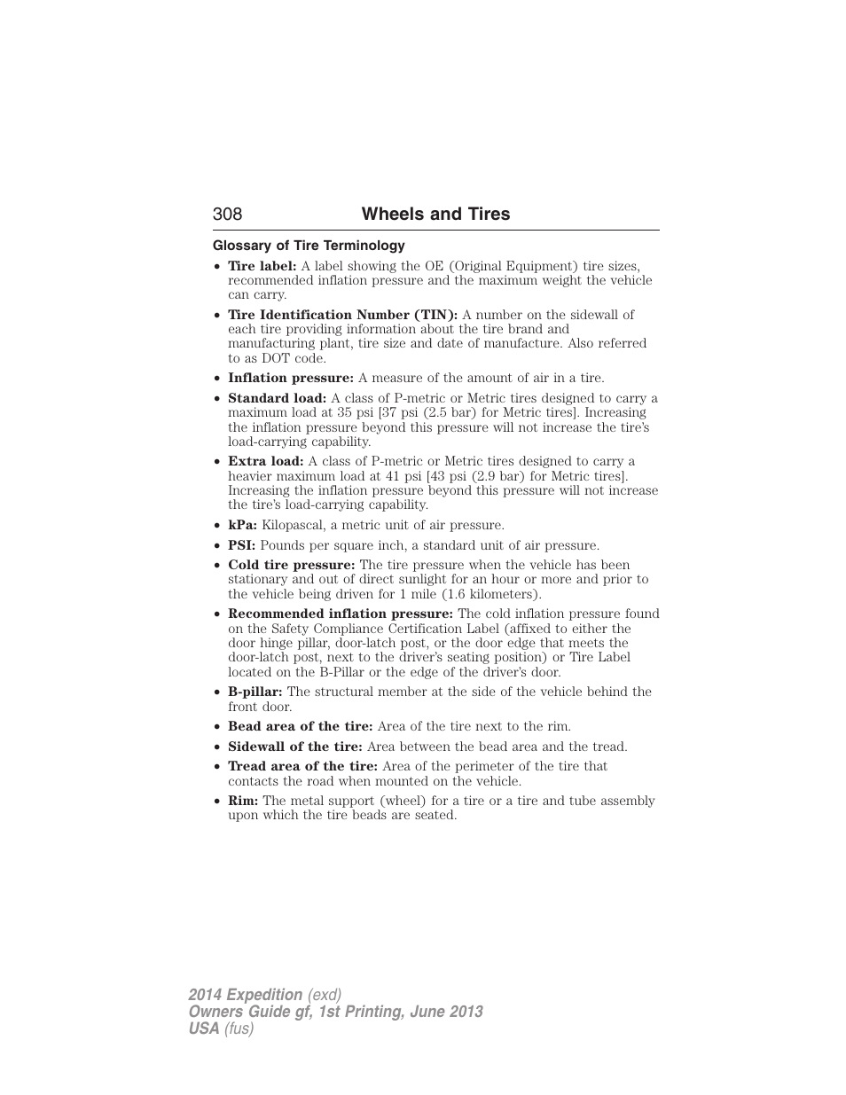 Glossary of tire terminology, 308 wheels and tires | FORD 2014 Expedition v.1 User Manual | Page 309 / 519