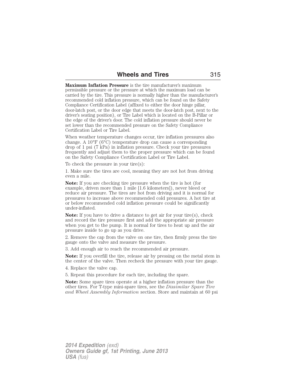 Wheels and tires 315 | FORD 2014 Expedition v.1 User Manual | Page 316 / 519