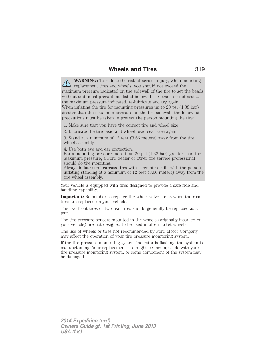 Wheels and tires 319 | FORD 2014 Expedition v.1 User Manual | Page 320 / 519