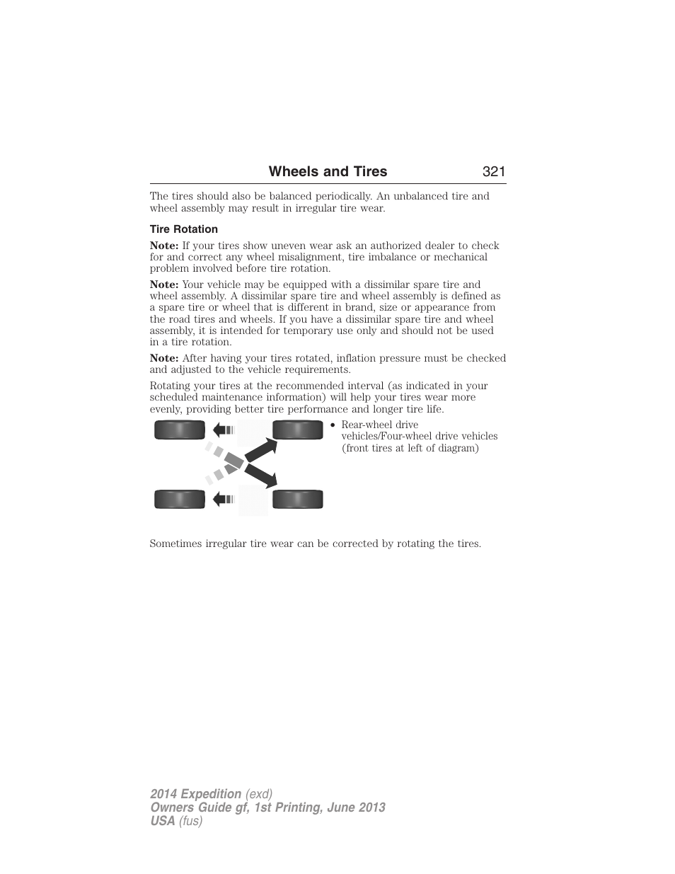 Tire rotation, Wheels and tires 321 | FORD 2014 Expedition v.1 User Manual | Page 322 / 519
