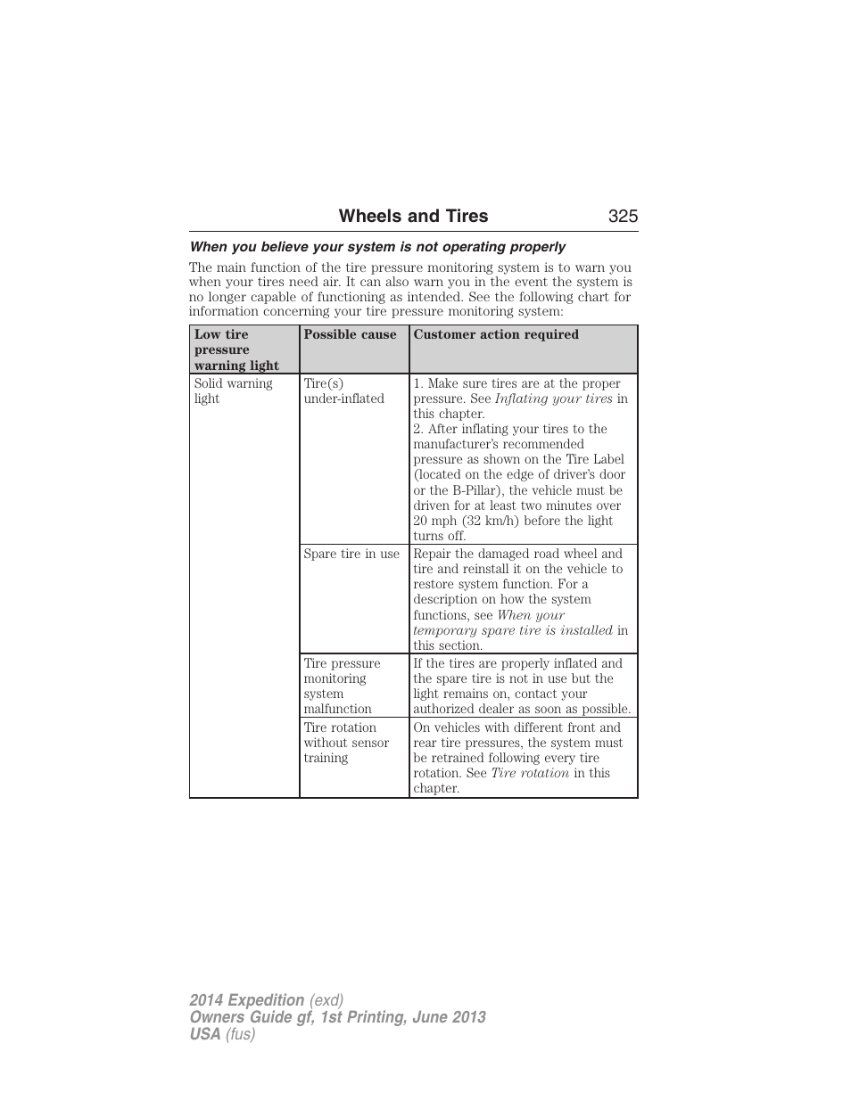 Wheels and tires 325 | FORD 2014 Expedition v.1 User Manual | Page 326 / 519