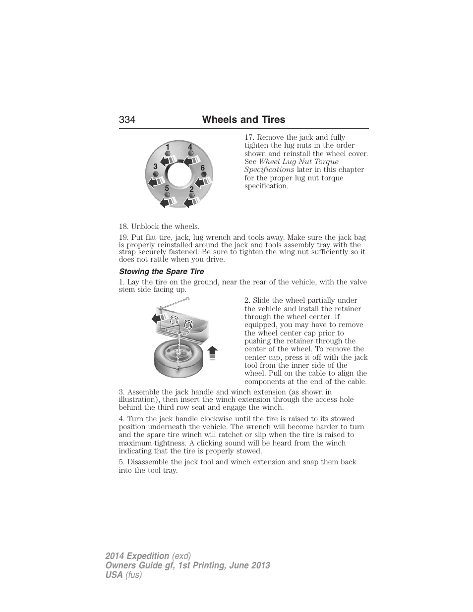Stowing the spare tire, 334 wheels and tires | FORD 2014 Expedition v.1 User Manual | Page 335 / 519