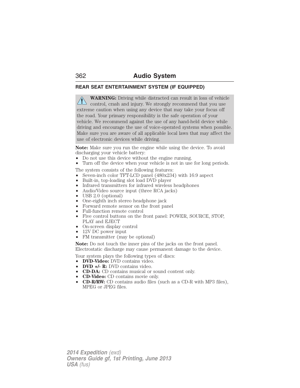 Rear seat entertainment system (if equipped), Rear seat entertainment system, 362 audio system | FORD 2014 Expedition v.1 User Manual | Page 363 / 519
