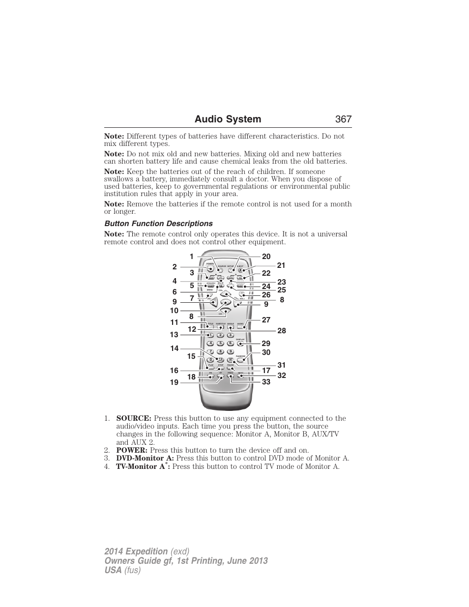 Button function descriptions, Audio system 367, Press this button to control tv mode of monitor a | FORD 2014 Expedition v.1 User Manual | Page 368 / 519