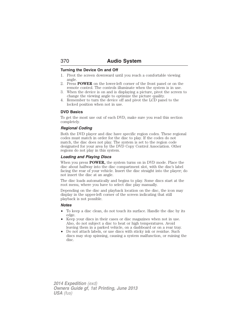 Turning the device on and off, Dvd basics, Regional coding | Loading and playing discs, Notes, 370 audio system | FORD 2014 Expedition v.1 User Manual | Page 371 / 519