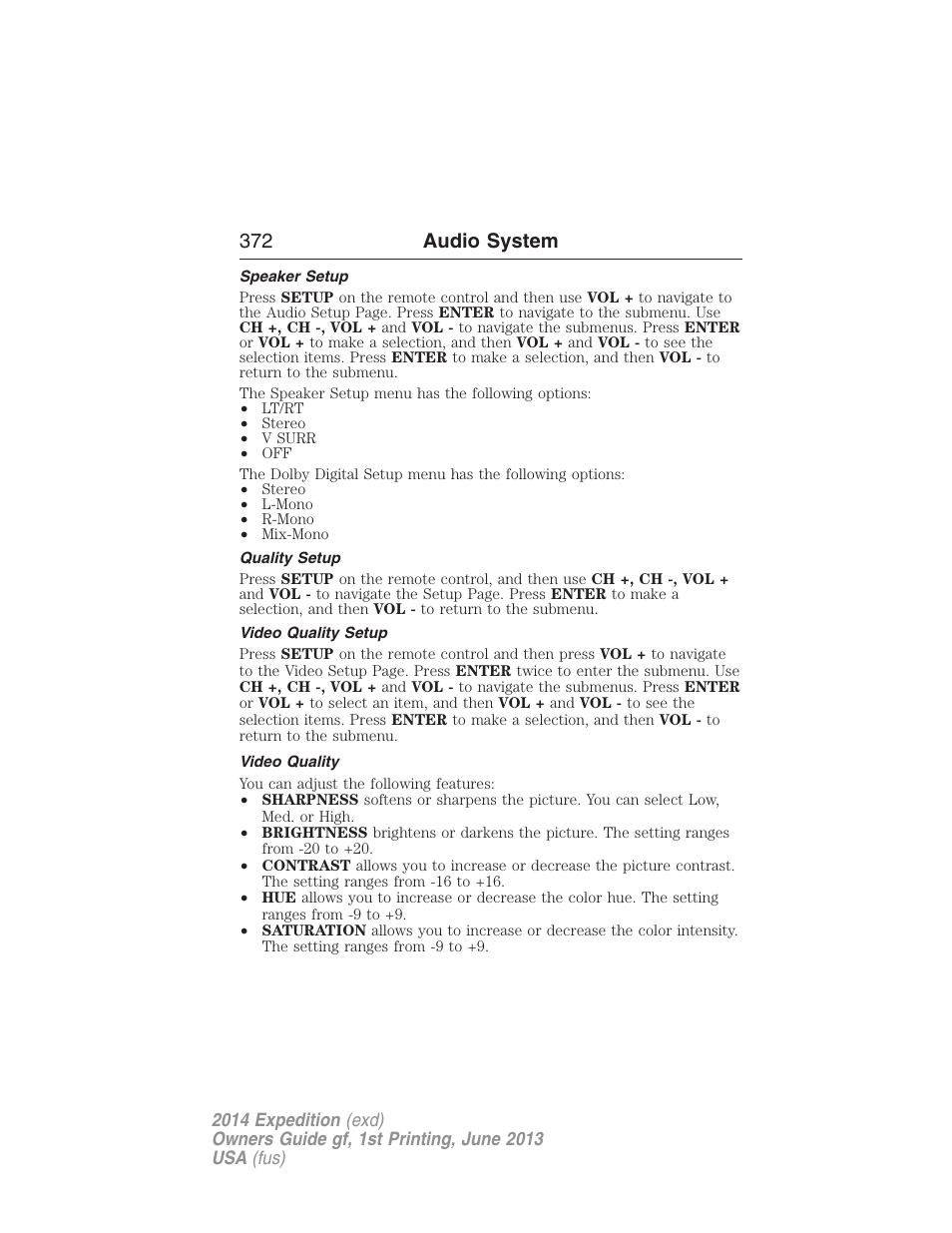 Speaker setup, Quality setup, Video quality setup | Video quality, 372 audio system | FORD 2014 Expedition v.1 User Manual | Page 373 / 519