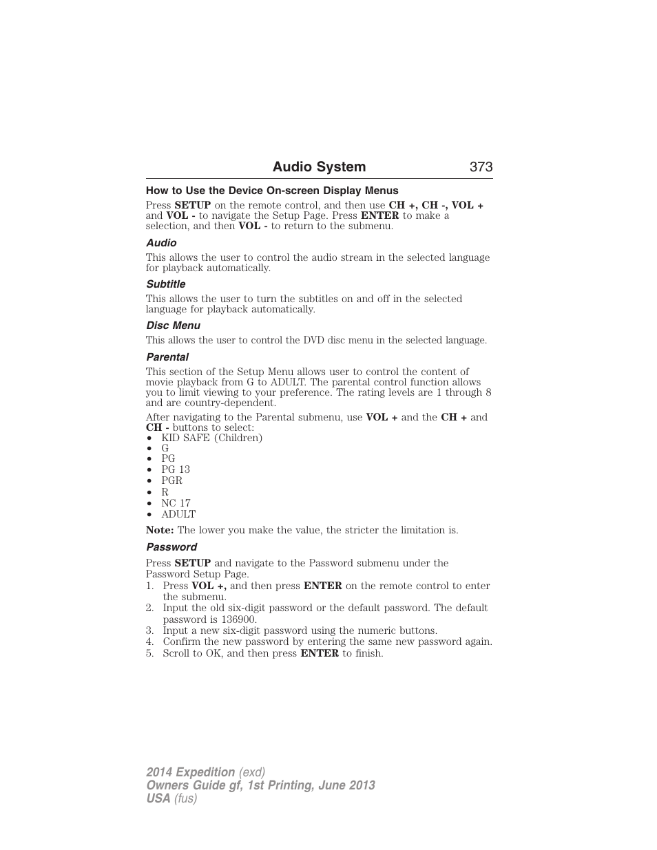 How to use the device on-screen display menus, Audio, Subtitle | Disc menu, Parental, Password, Audio system 373 | FORD 2014 Expedition v.1 User Manual | Page 374 / 519