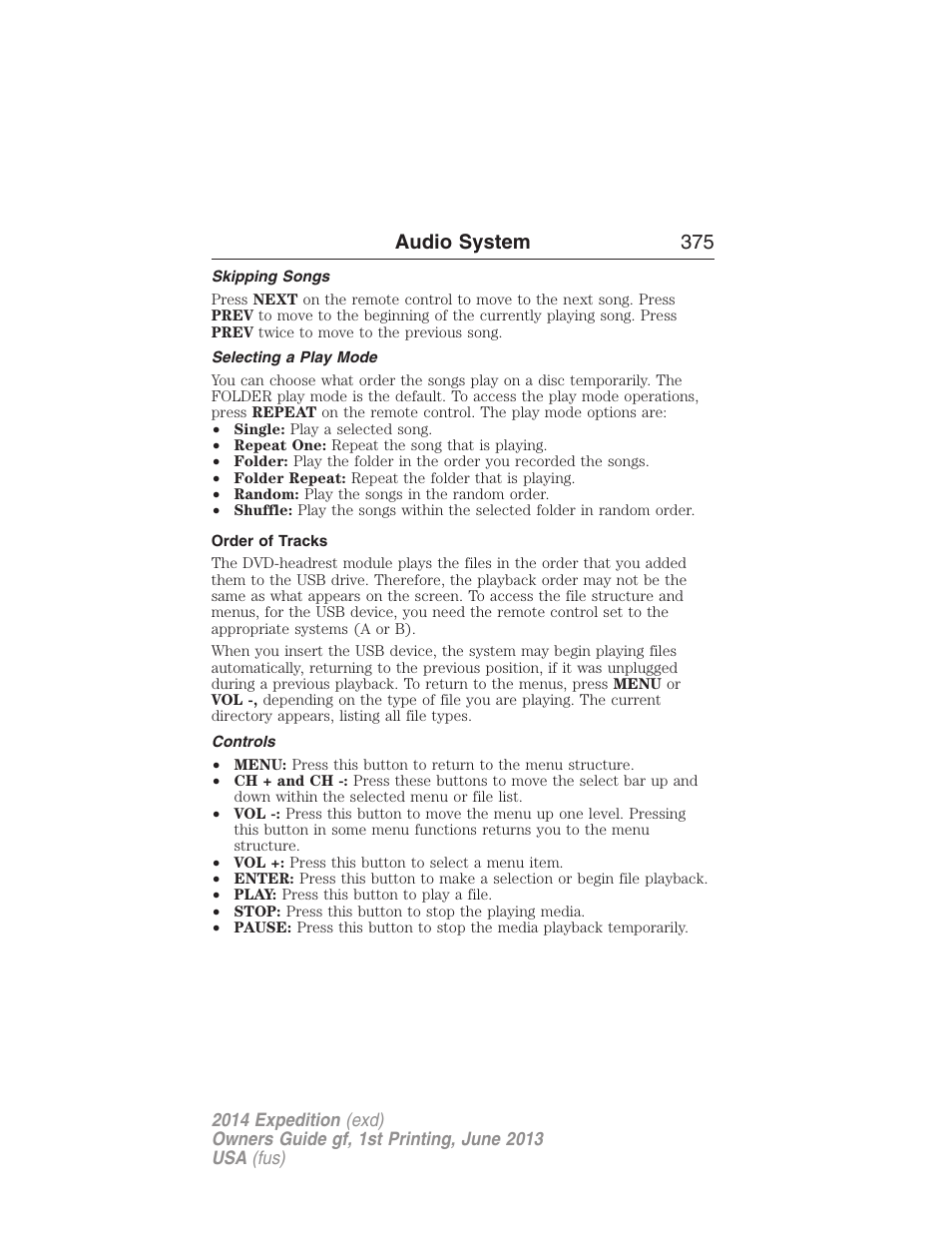 Skipping songs, Selecting a play mode, Order of tracks | Controls, Audio system 375 | FORD 2014 Expedition v.1 User Manual | Page 376 / 519