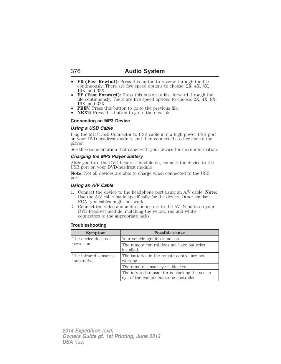 Connecting an mp3 device, Using a usb cable, Charging the mp3 player battery | Using an a/v cable, Troubleshooting, 376 audio system | FORD 2014 Expedition v.1 User Manual | Page 377 / 519