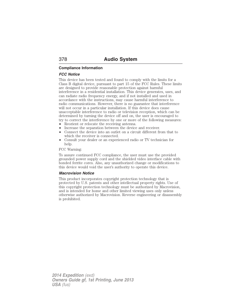 Compliance information, Fcc notice, Macrovision notice | 378 audio system | FORD 2014 Expedition v.1 User Manual | Page 379 / 519