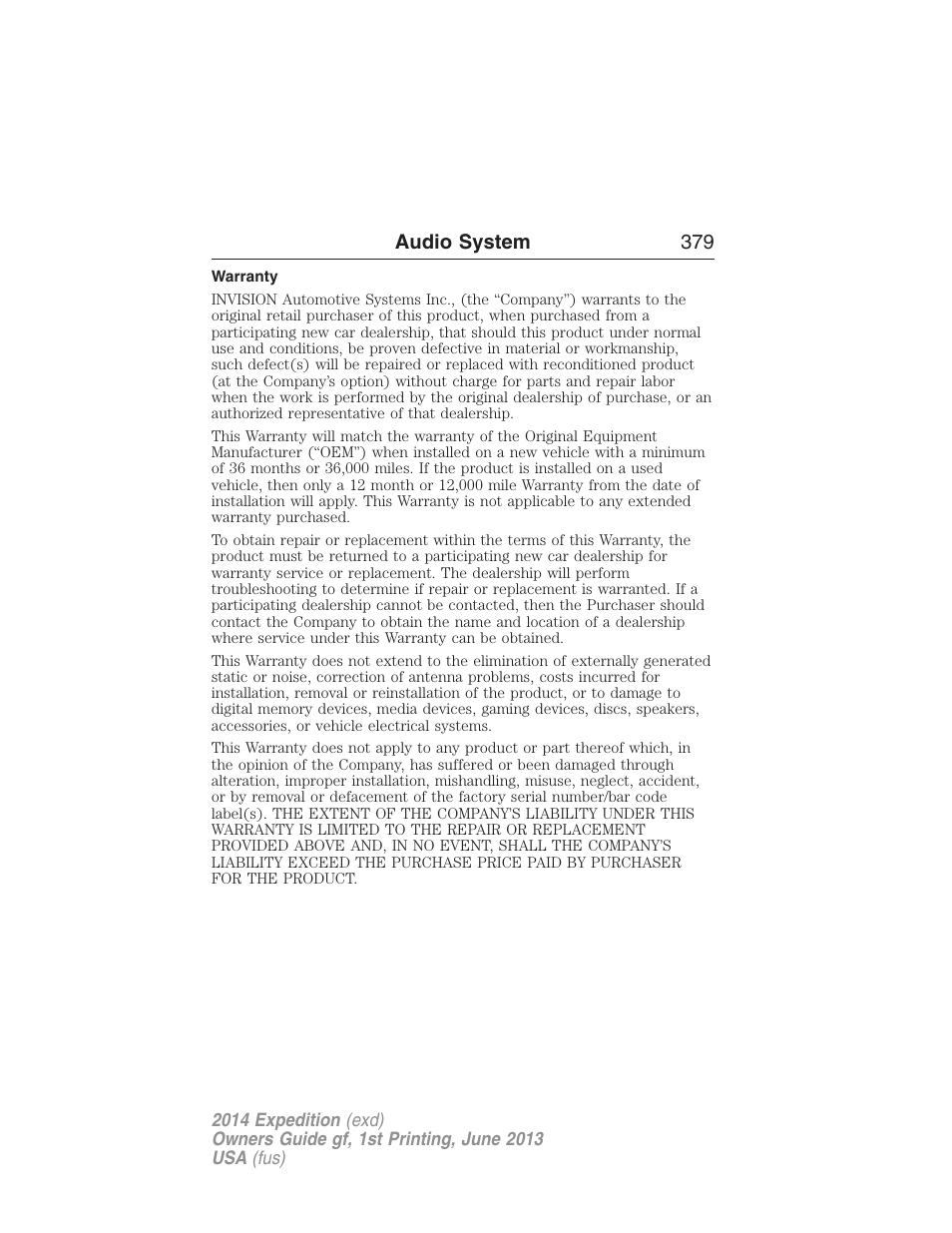 Warranty, Audio system 379 | FORD 2014 Expedition v.1 User Manual | Page 380 / 519