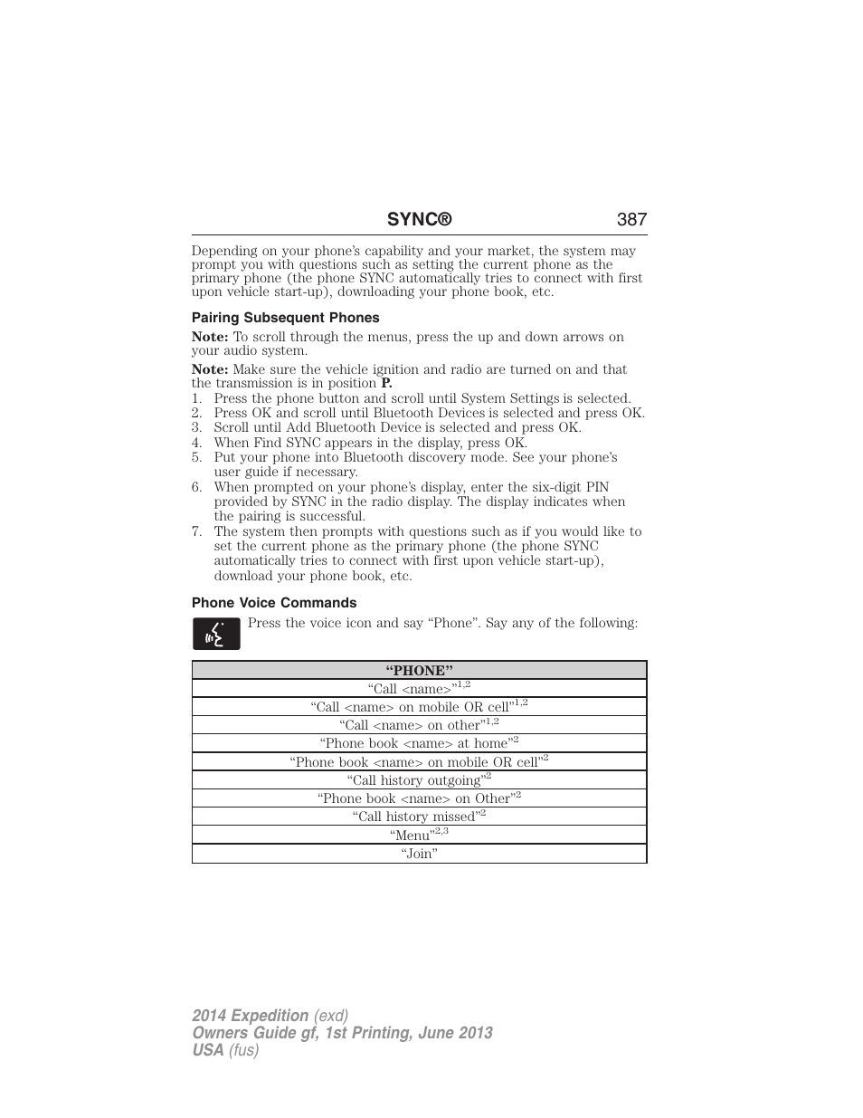 Pairing subsequent phones, Phone voice commands, Sync® 387 | FORD 2014 Expedition v.1 User Manual | Page 388 / 519