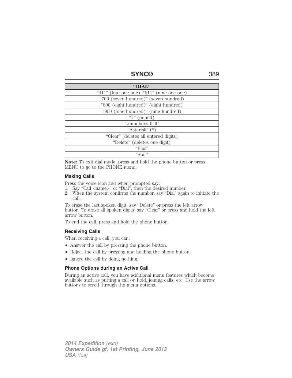 Making calls, Receiving calls, Phone options during an active call | Sync® 389 | FORD 2014 Expedition v.1 User Manual | Page 390 / 519