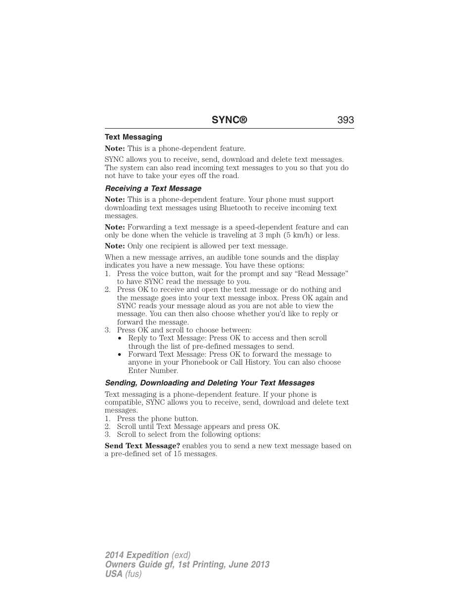 Text messaging, Receiving a text message, Sync® 393 | FORD 2014 Expedition v.1 User Manual | Page 394 / 519