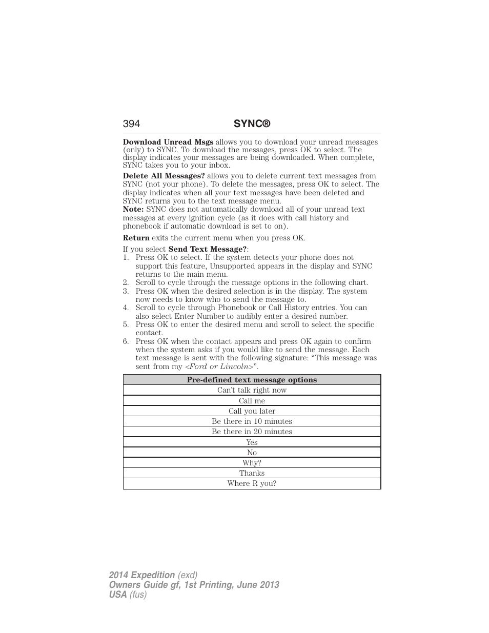 394 sync | FORD 2014 Expedition v.1 User Manual | Page 395 / 519