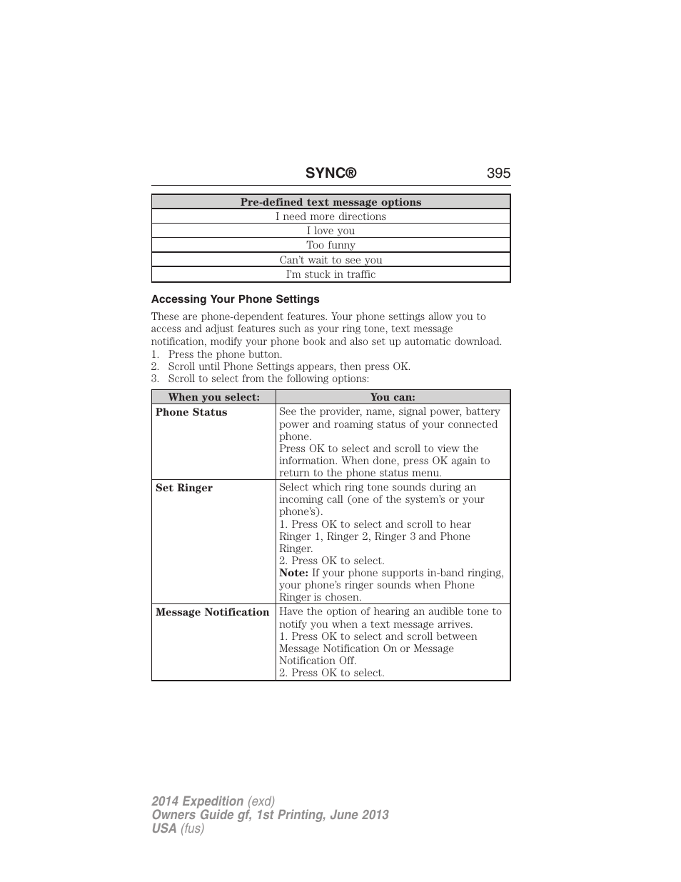 Accessing your phone settings, Sync® 395 | FORD 2014 Expedition v.1 User Manual | Page 396 / 519