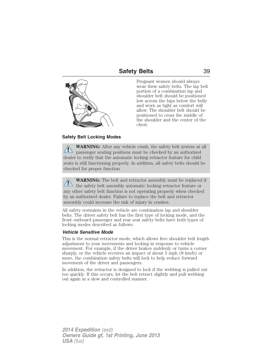 Safety belt locking modes, Vehicle sensitive mode, Safety belts 39 | FORD 2014 Expedition v.1 User Manual | Page 40 / 519
