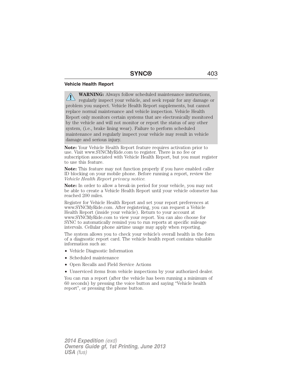Vehicle health report, Sync® 403 | FORD 2014 Expedition v.1 User Manual | Page 404 / 519