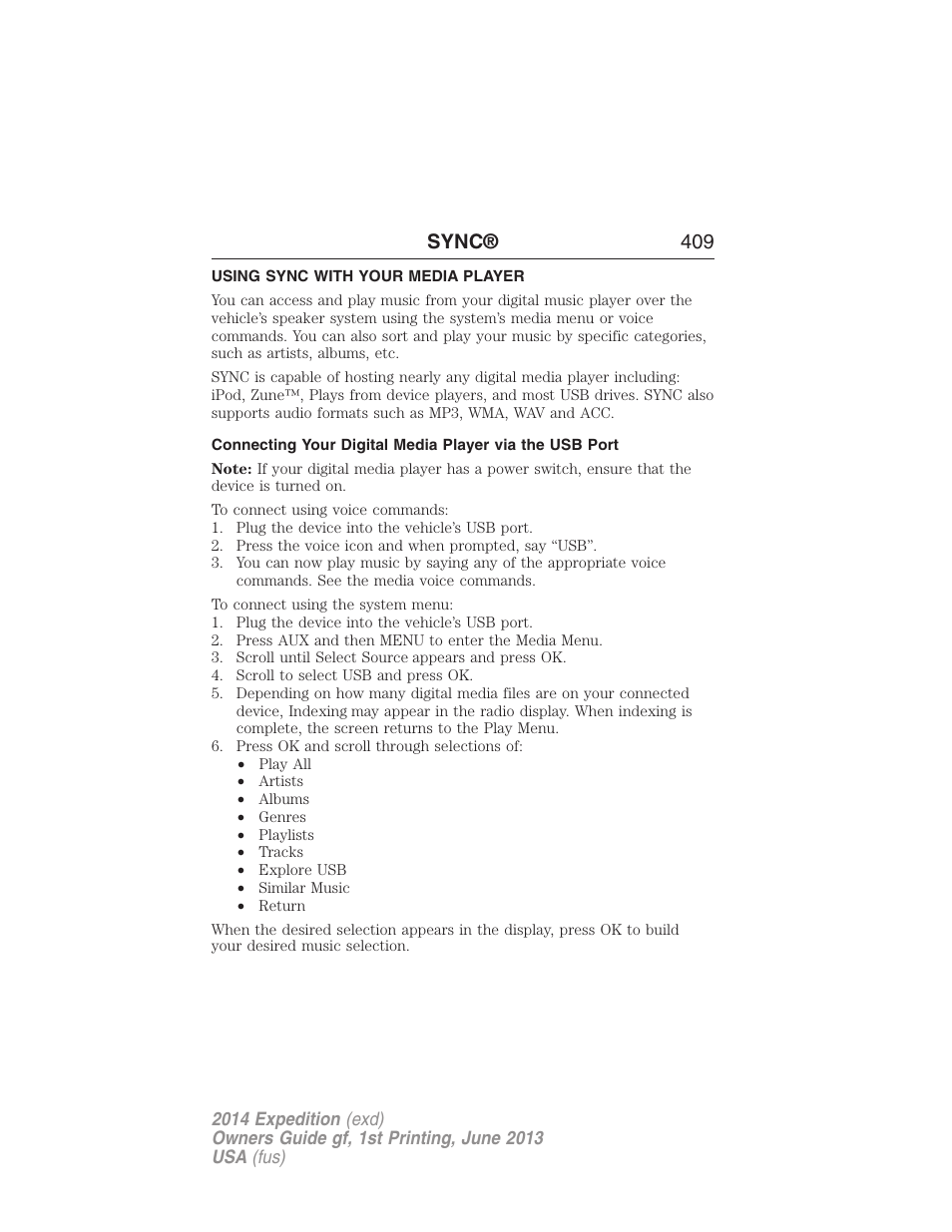 Using sync with your media player, Sync® 409 | FORD 2014 Expedition v.1 User Manual | Page 410 / 519