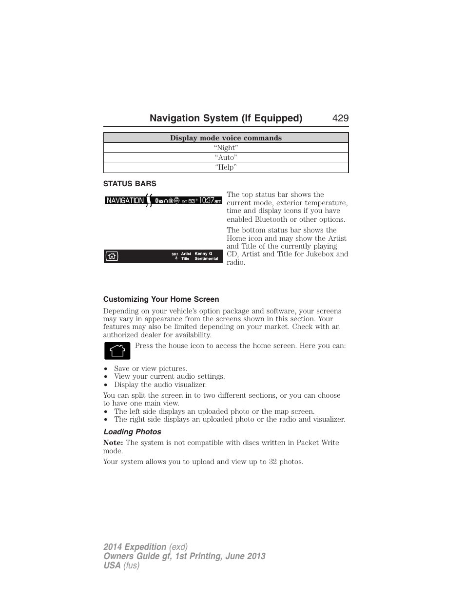 Status bars, Customizing your home screen, Loading photos | Loading pictures, Navigation system (if equipped) 429 | FORD 2014 Expedition v.1 User Manual | Page 430 / 519