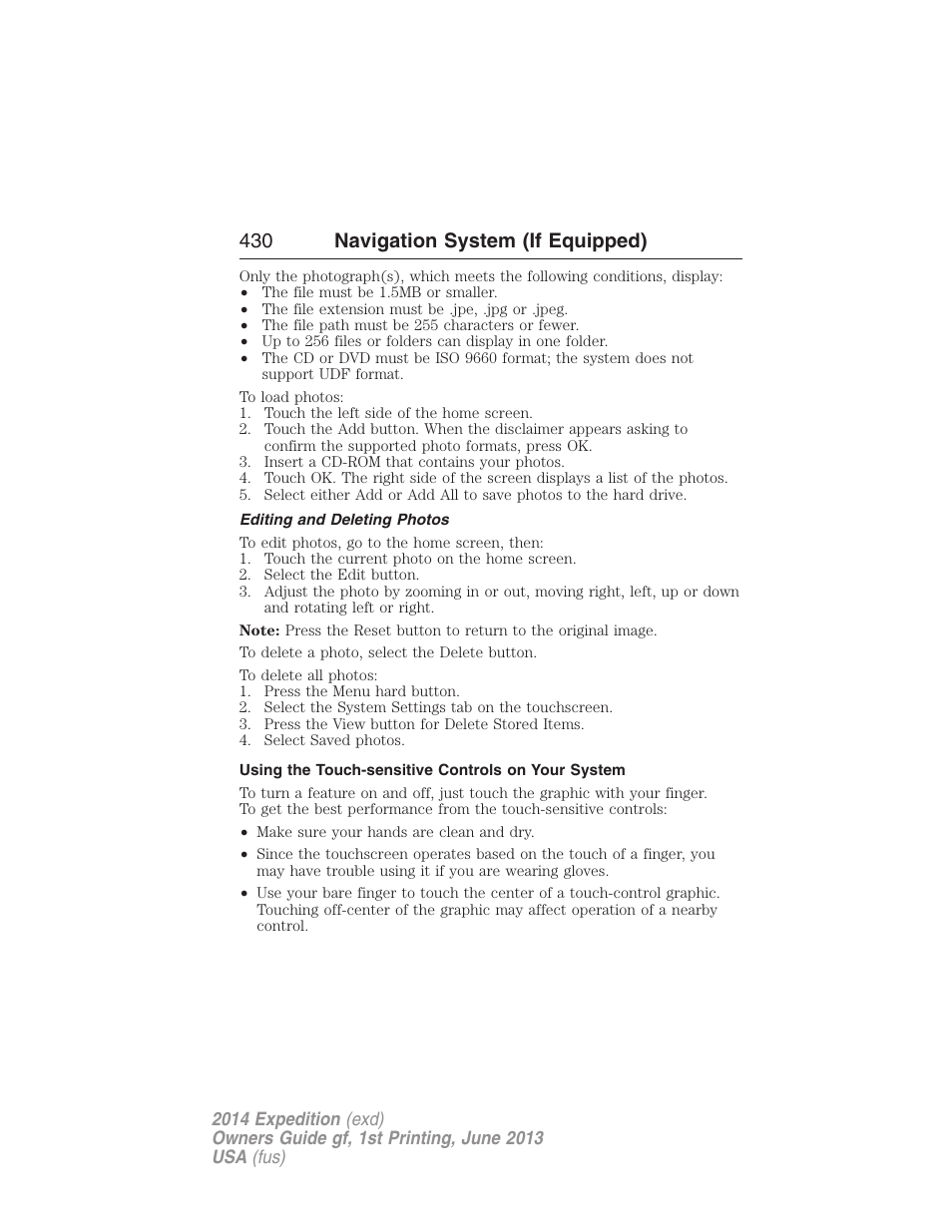 Editing and deleting photos, Using the touch-sensitive controls on your system, 430 navigation system (if equipped) | FORD 2014 Expedition v.1 User Manual | Page 431 / 519