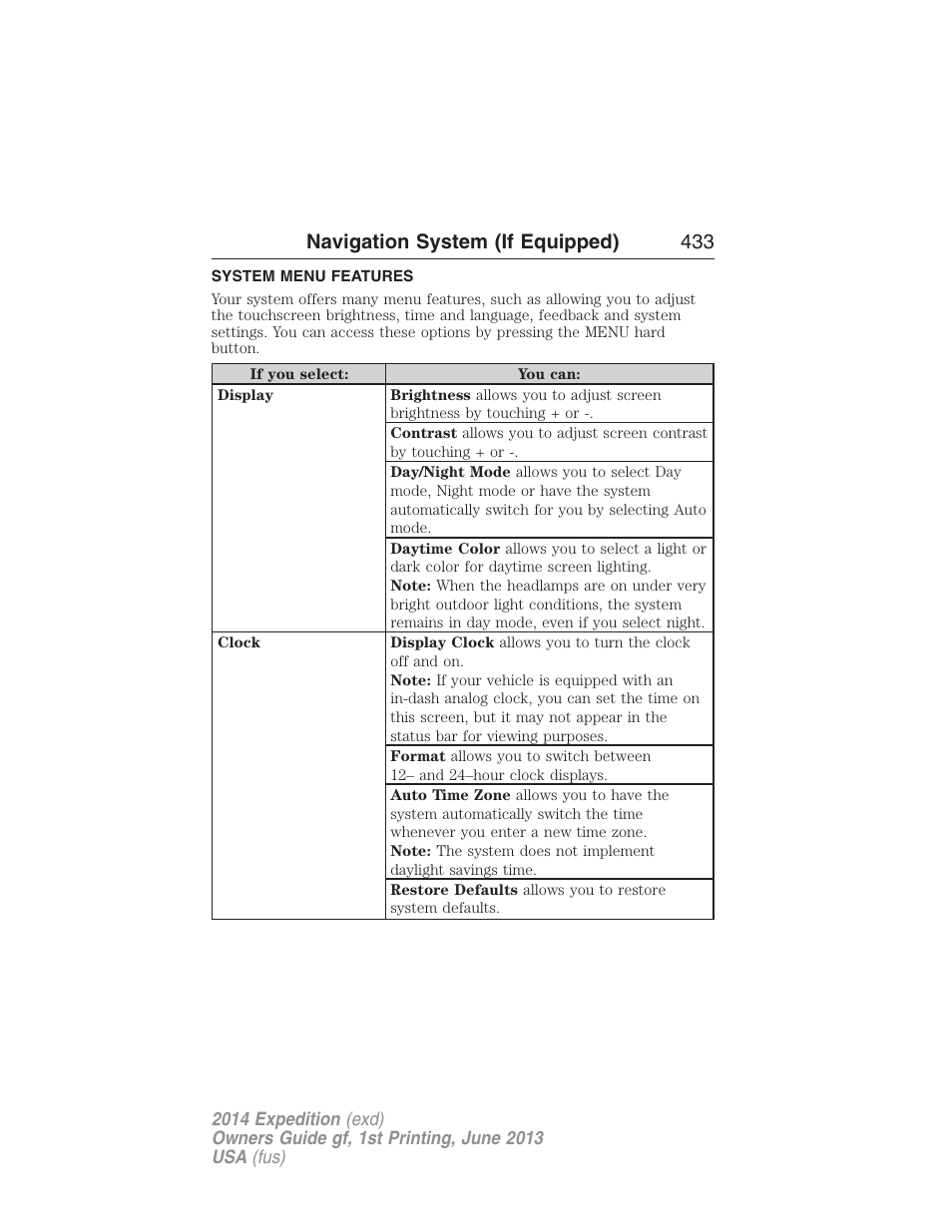 System menu features, Navigation system (if equipped) 433 | FORD 2014 Expedition v.1 User Manual | Page 434 / 519