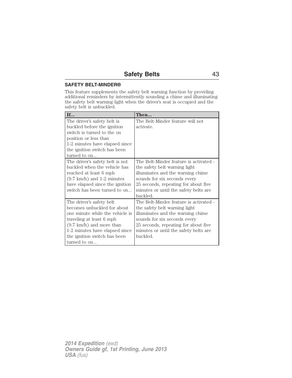 Safety belt-minder, Safety belts 43 | FORD 2014 Expedition v.1 User Manual | Page 44 / 519