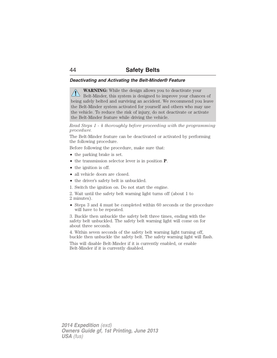 44 safety belts | FORD 2014 Expedition v.1 User Manual | Page 45 / 519