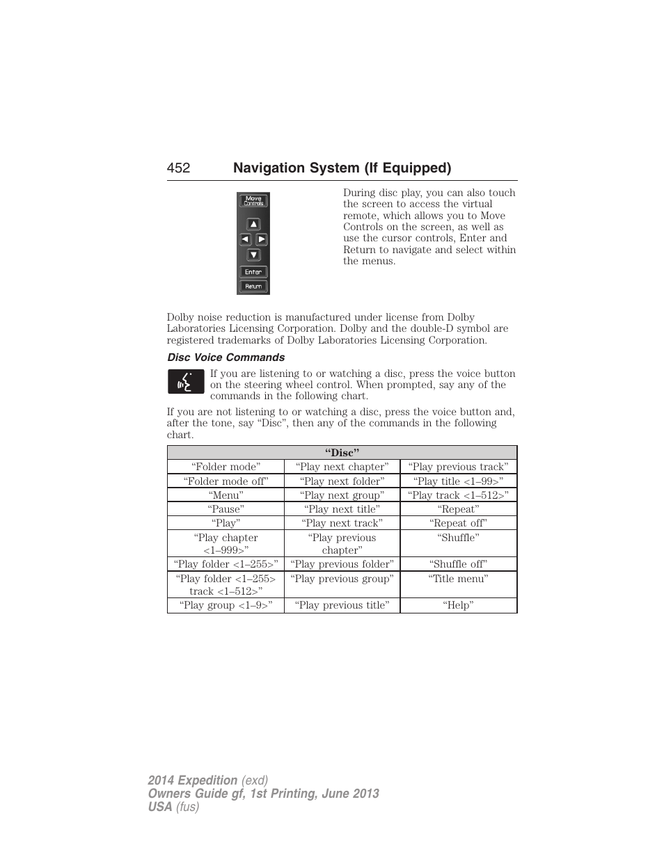 Disc voice commands, 452 navigation system (if equipped) | FORD 2014 Expedition v.1 User Manual | Page 453 / 519