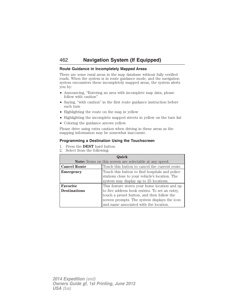 Route guidance in incompletely mapped areas, Programming a destination using the touchscreen, 462 navigation system (if equipped) | FORD 2014 Expedition v.1 User Manual | Page 463 / 519