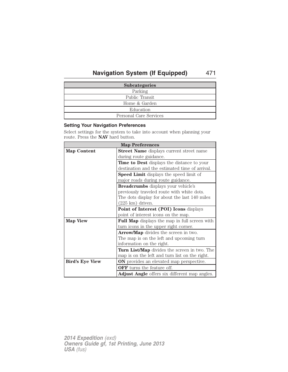 Setting your navigation preferences, Navigation system (if equipped) 471 | FORD 2014 Expedition v.1 User Manual | Page 472 / 519