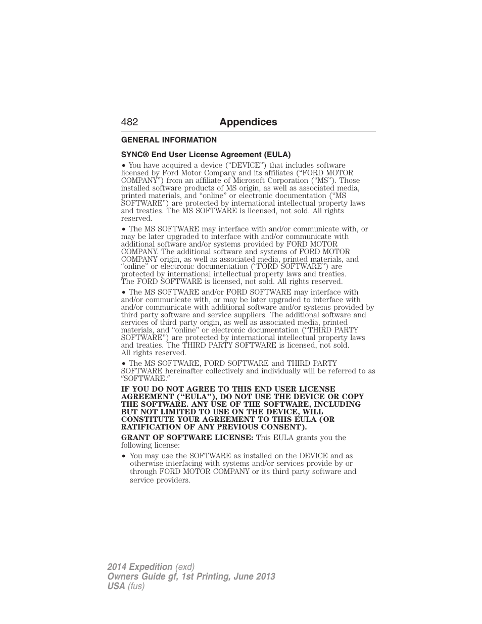 Appendices, General information, Sync® end user license agreement (eula) | 482 appendices | FORD 2014 Expedition v.1 User Manual | Page 483 / 519