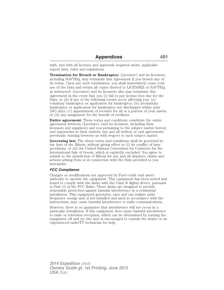 Fcc compliance, Appendices 491 | FORD 2014 Expedition v.1 User Manual | Page 492 / 519