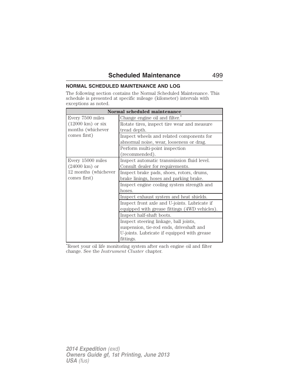 Normal scheduled maintenance and log, Scheduled maintenance 499 | FORD 2014 Expedition v.1 User Manual | Page 500 / 519
